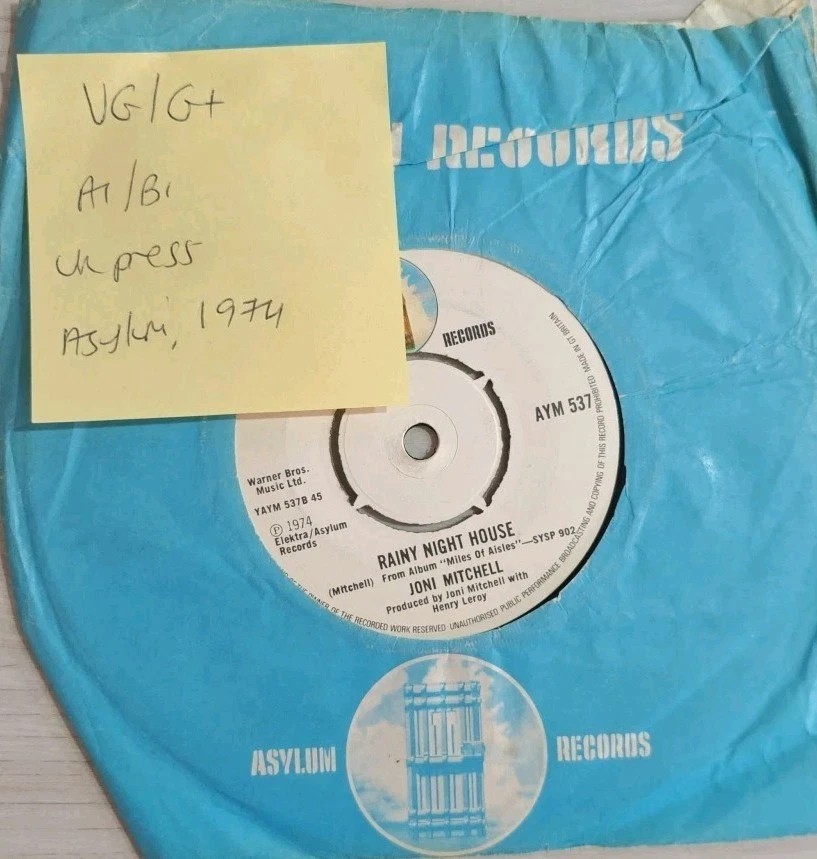 Joni Mitchell Big Yellow Taxi Vinyl Record 7" VG/G+ AYM537 1974 sleeve Joni Mitchell Big Yellow Taxi Vinyl Record 7" VG/G+ AYM537 1974 sleeve