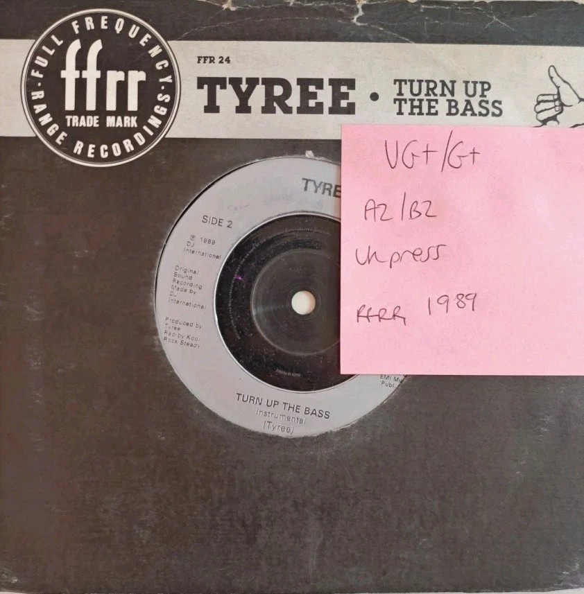 Tyree Turn Up The Bass Vinyl Record 7" VG+/G+ FFR24 1989 sleeve Tyree Turn Up The Bass Vinyl Record 7" VG+/G+ FFR24 1989 sleeve