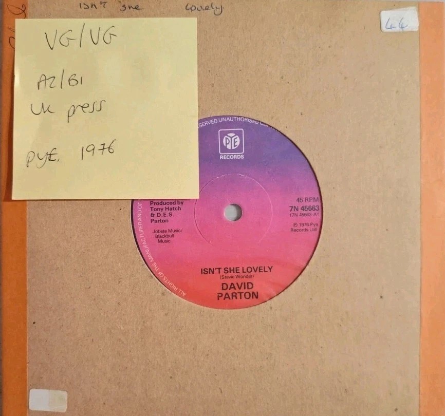 David Parton Isn’t She Lovely Vinyl Record 7" VG/VG 7N 45663 1976 sleeve David Parton Isn’t She Lovely Vinyl Record 7" VG/VG 7N 45663 1976 sleeve