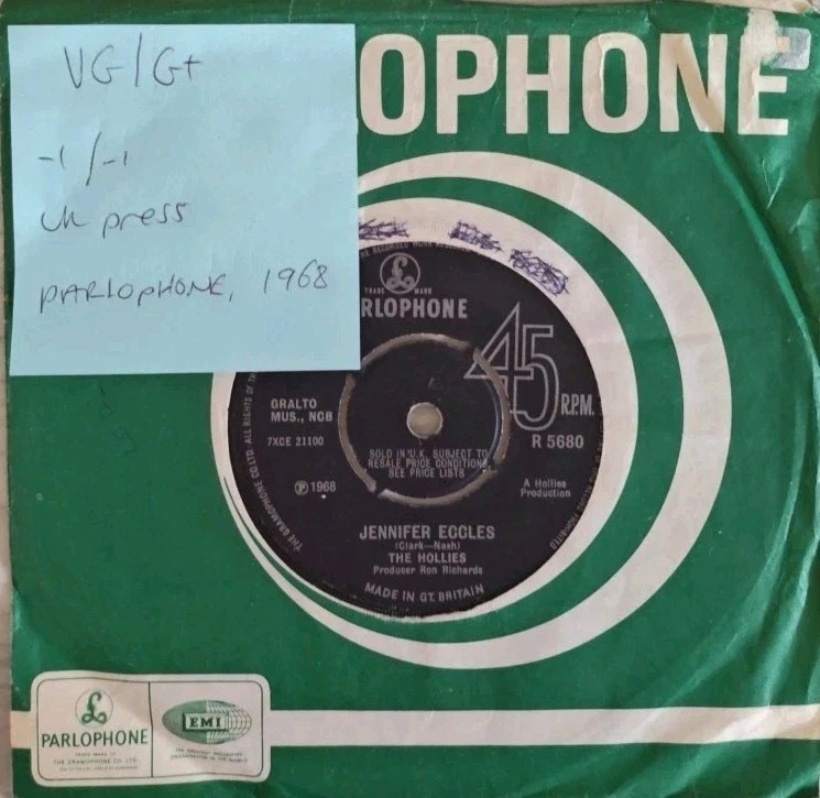 The Hollies Jennifer Eccles Vinyl Record 7" VG/G+ R5680 1968 sleeve The Hollies Jennifer Eccles Vinyl Record 7" VG/G+ R5680 1968 sleeve