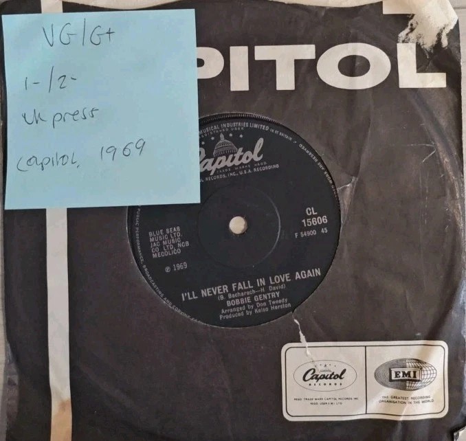 Bobbie Gentry I'll Never Fall In Love Again Vinyl Record 7" VG/G+ CL15606 1969 sleeve Bobbie Gentry I'll Never Fall In Love Again Vinyl Record 7" VG/G+ CL15606 1969 sleeve