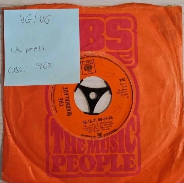 Marmalade Ob-La-Di Ob-La-Da/Chains Vinyl Record 7" VG/VG CBS3892 1968 vinyl record sleeve Marmalade Ob-La-Di Ob-La-Da/Chains Vinyl Record 7" VG/VG CBS3892 1968 vinyl record sleeve