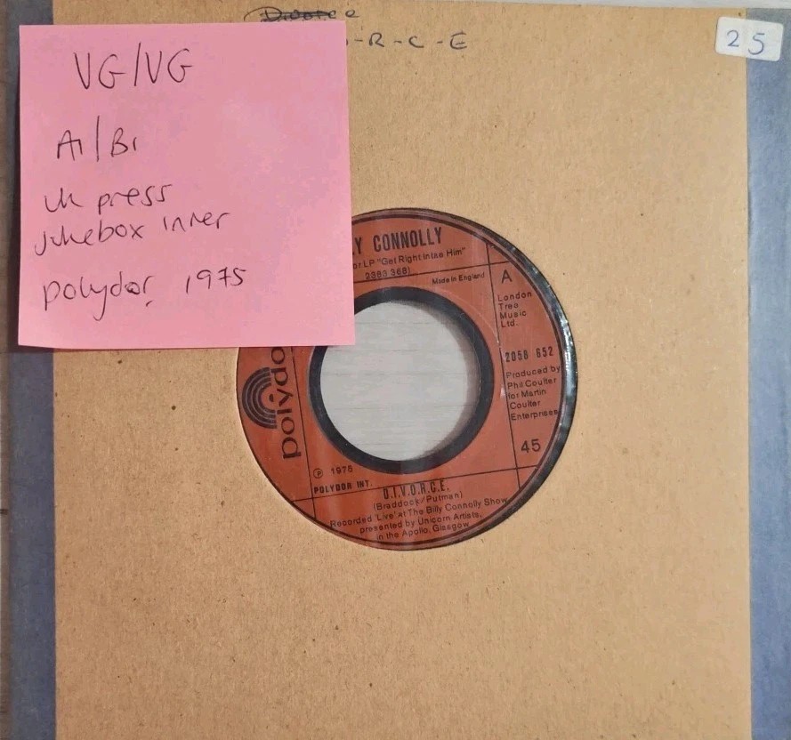 Billy Connolly Divorce Vinyl Record 7" VG/VG 2058652 1975 sleeve Billy Connolly Divorce Vinyl Record 7" VG/VG 2058652 1975 sleeve