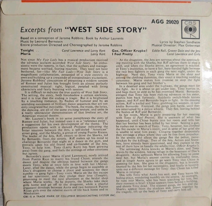 Various West Side Story Vinyl Record 7" VG/VG AGG20020 sleeve Various West Side Story Vinyl Record 7" VG/VG AGG20020 sleeve