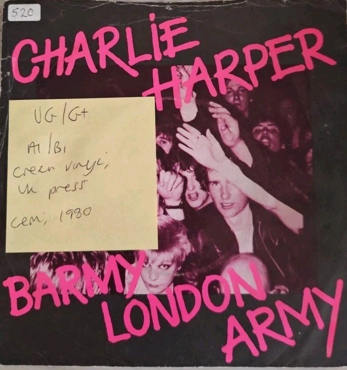 Charlie Harper Barmy London Army Green Vinyl Record 7" VG/G+ GEMS 35 1980 vinyl record sleeve Charlie Harper Barmy London Army Green Vinyl Record 7" VG/G+ GEMS 35 1980 vinyl record sleeve