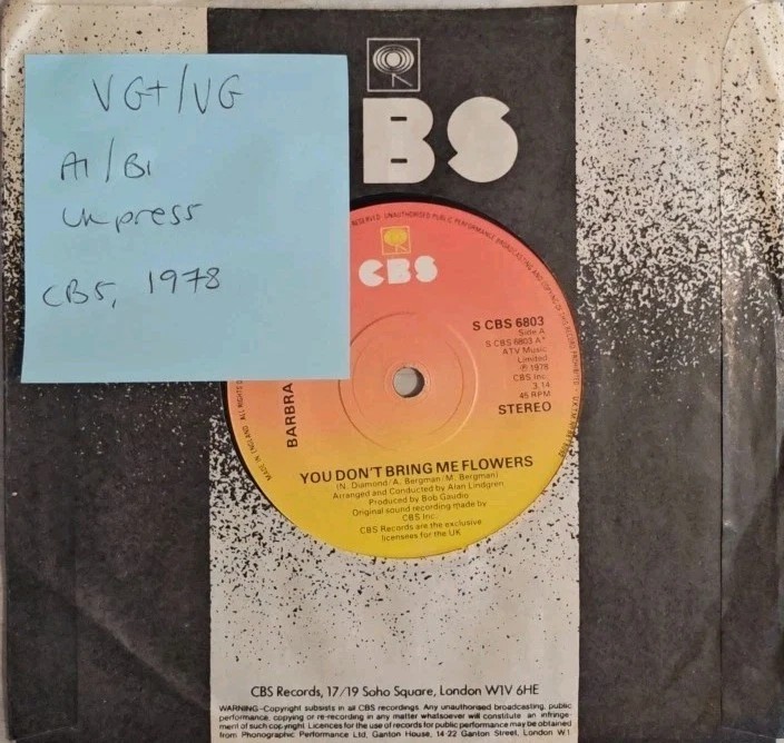 Barbra & Neil You Don't Bring Me Flowers Vinyl Record 7" VG+/VG CBS 6803 sleeve Barbra & Neil You Don't Bring Me Flowers Vinyl Record 7" VG+/VG CBS 6803 sleeve