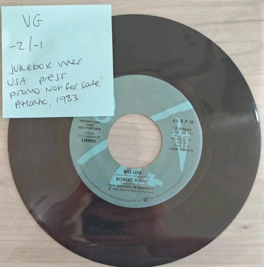 Robert Plant Big Log/Far Post Vinyl Record 7" VG 7-99844 1983 sleeve Robert Plant Big Log/Far Post Vinyl Record 7" VG 7-99844 1983 sleeve