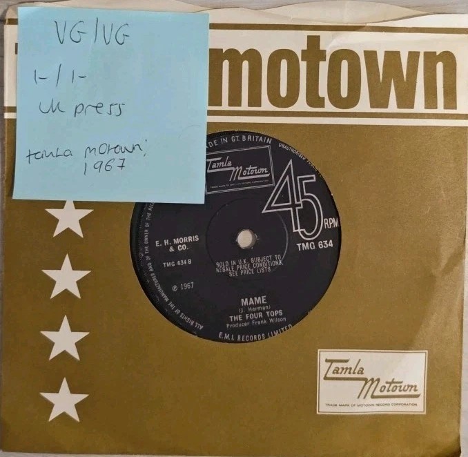 Four Tops Mame Vinyl Record 7" VG/VG TMG 634 1967 vinyl record sleeve Four Tops Mame Vinyl Record 7" VG/VG TMG 634 1967 vinyl record sleeve