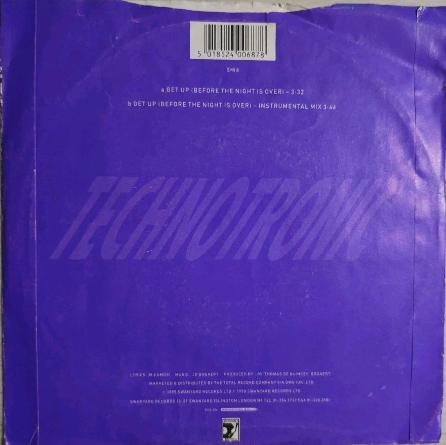 Technotronic Feat Ya Kid K Get Up Vinyl Record 7" VG+/VG SYR 8 sleeve Technotronic Feat Ya Kid K Get Up Vinyl Record 7" VG+/VG SYR 8 sleeve