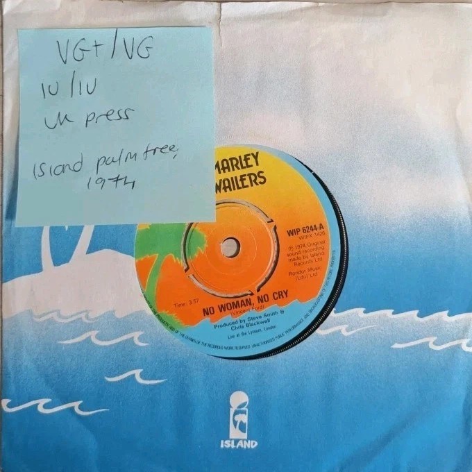 Bob Marley & The Wailers No Woman No Cry Vinyl Record 7" VG+/VG WIP6244 1974 sleeve Bob Marley & The Wailers No Woman No Cry Vinyl Record 7" VG+/VG WIP6244 1974 sleeve