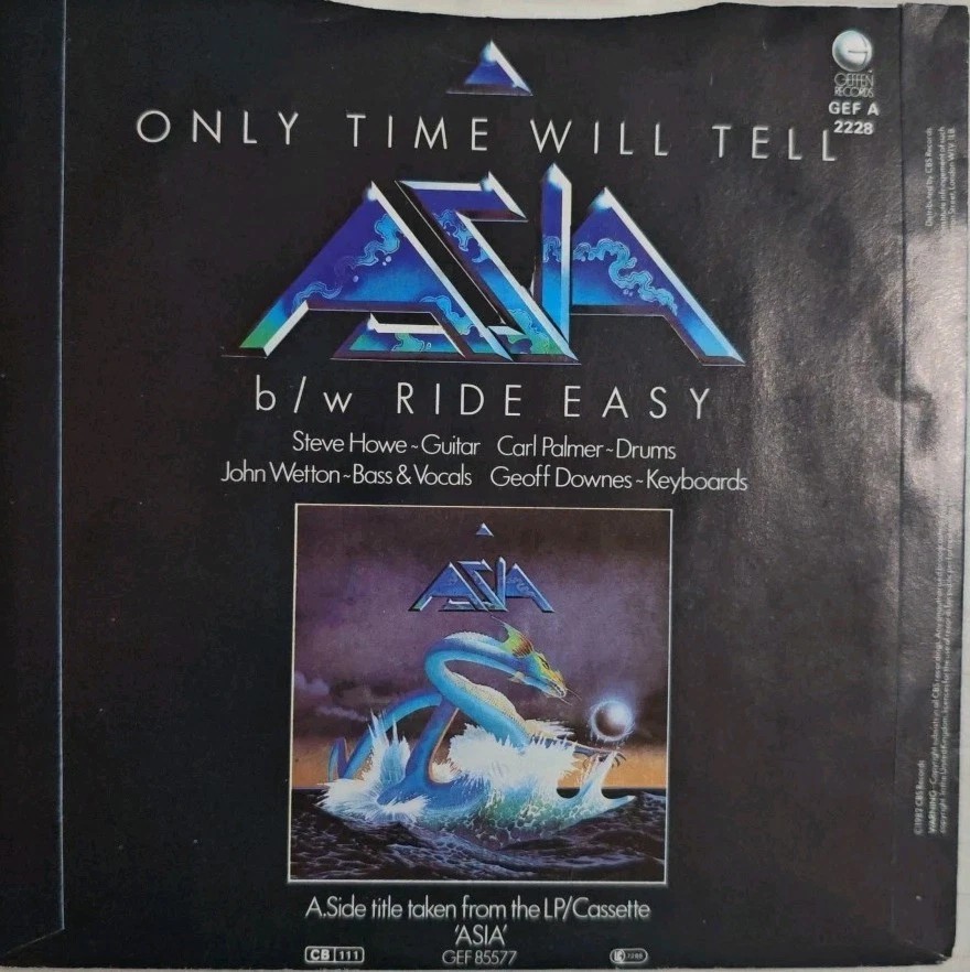Asia Only Time Will Tell / Ride Easy Vinyl Record 7" VG+/VG GEFA2228 1982 sleeve Asia Only Time Will Tell / Ride Easy Vinyl Record 7" VG+/VG GEFA2228 1982 sleeve