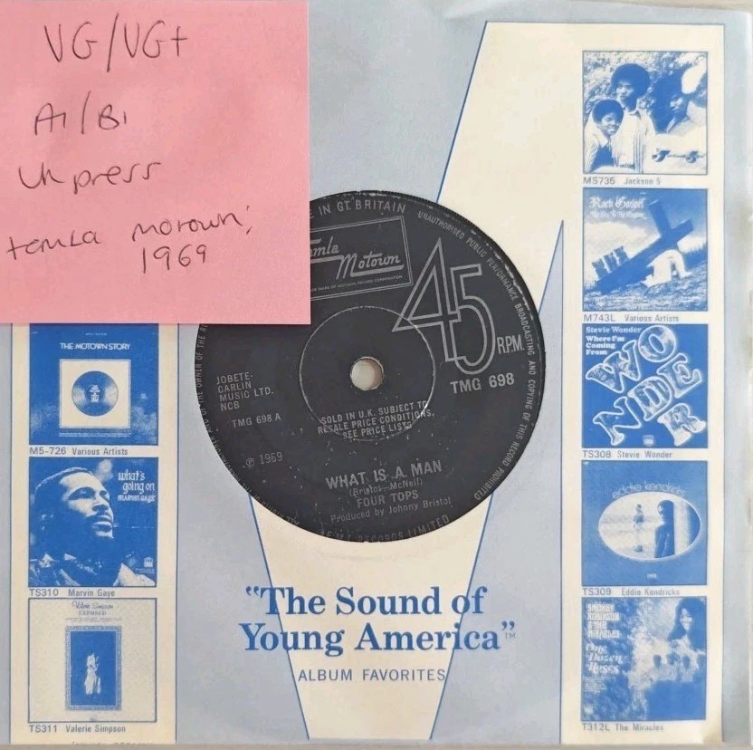 Four Tops What Is A Man Vinyl Record 7" VG/VG+ TMG698 1969 sleeve Four Tops What Is A Man Vinyl Record 7" VG/VG+ TMG698 1969 sleeve