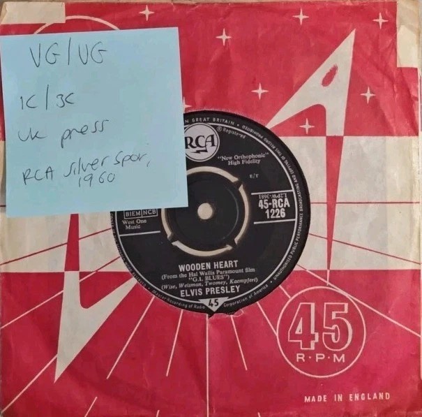 Elvis Presley Wooden Heart Vinyl Record 7" VG/VG RCA1226 1960 sleeve Elvis Presley Wooden Heart Vinyl Record 7" VG/VG RCA1226 1960 sleeve