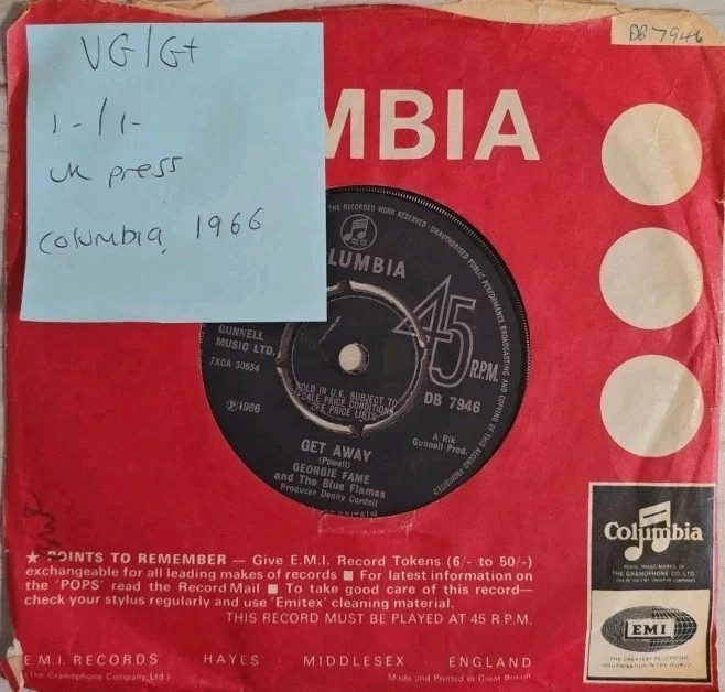 Georgie Fame & The Blue Flames Get Away Vinyl Record 7" VG/G+ DB7946 1966 sleeve Georgie Fame & The Blue Flames Get Away Vinyl Record 7" VG/G+ DB7946 1966 sleeve