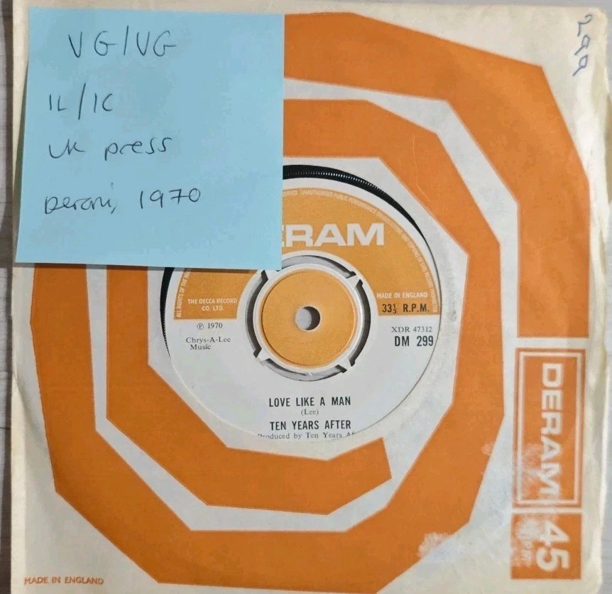 Ten Years After Love Like A Man Vinyl Record 7" VG/VG DM 299 1970 sleeve Ten Years After Love Like A Man Vinyl Record 7" VG/VG DM 299 1970 sleeve