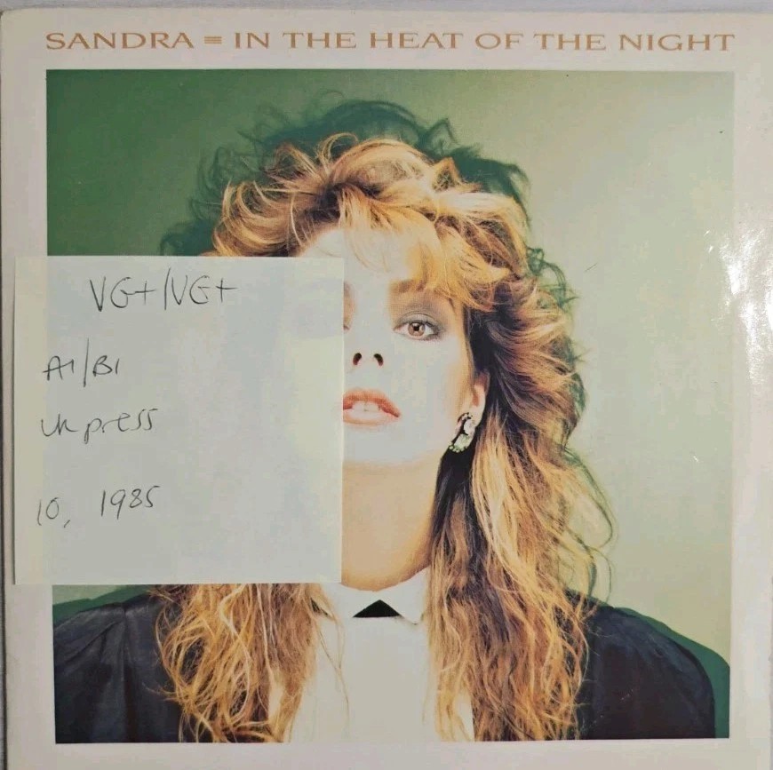 Sandra In The Heat Of The Night Vinyl Record 7" VG+/VG+ TEN113 1985 sleeve Sandra In The Heat Of The Night Vinyl Record 7" VG+/VG+ TEN113 1985 sleeve