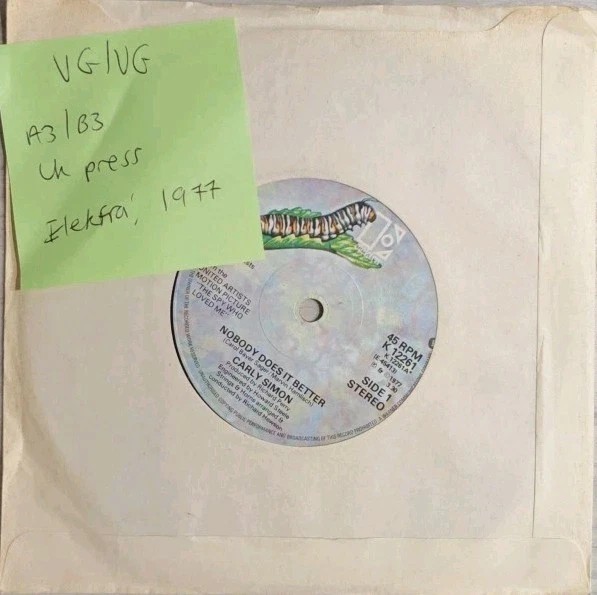 Carly Simon Nobody Does It Better Vinyl Record 7" VG/VG K 12261 1977 sleeve Carly Simon Nobody Does It Better Vinyl Record 7" VG/VG K 12261 1977 sleeve