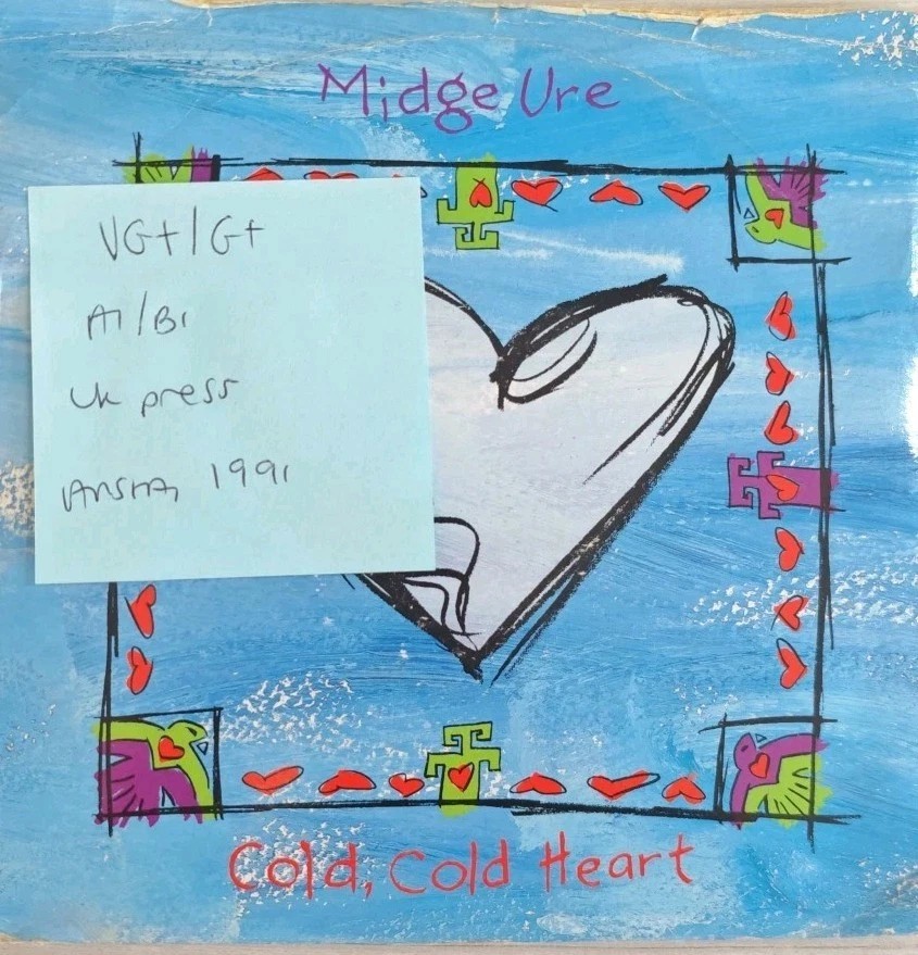 Midge Ure Cold Cold Heart Vinyl Record 7" VG+/G+ 114555 1991 vinyl record sleeve Midge Ure Cold Cold Heart Vinyl Record 7" VG+/G+ 114555 1991 vinyl record sleeve
