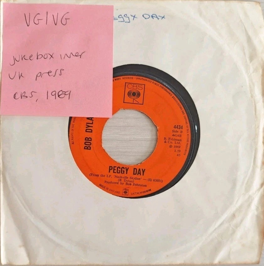 Bob Dylan Lay Lady Lay / Peggy Day Vinyl Record 7" VG/VG CBS4434 1969 sleeve Bob Dylan Lay Lady Lay / Peggy Day Vinyl Record 7" VG/VG CBS4434 1969 sleeve
