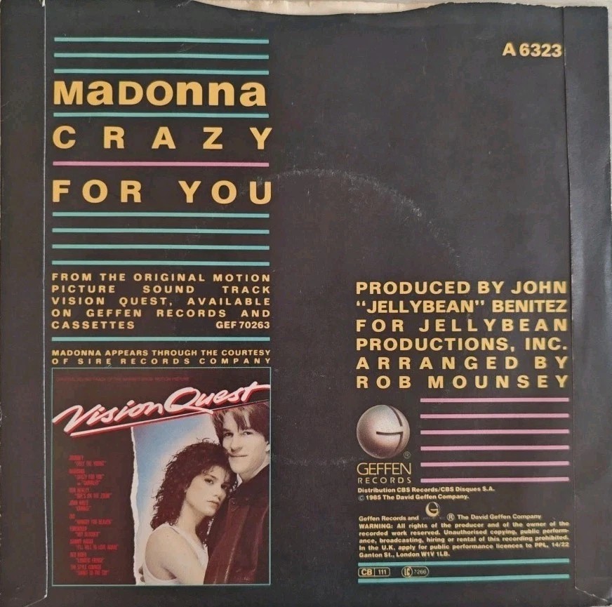 Madonna Crazy For You Vinyl Record 7" VG+/VG A6323 1985 sleeve Madonna Crazy For You Vinyl Record 7" VG+/VG A6323 1985 sleeve