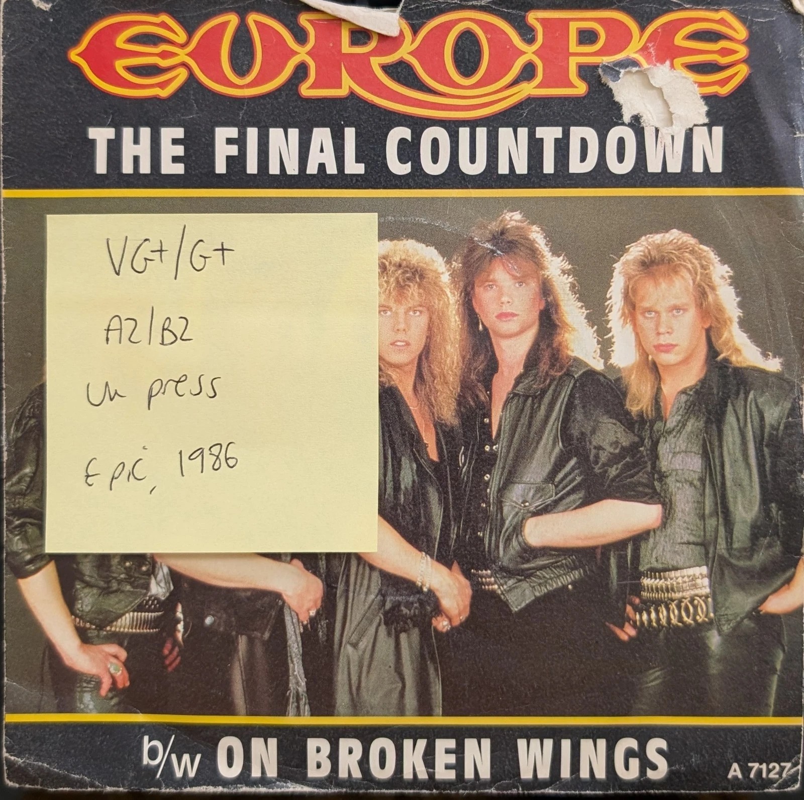 Europe The Final Countdown Vinyl Record 7" VG+/G+ A7127 vinyl record sleeve Europe The Final Countdown Vinyl Record 7" VG+/G+ A7127 vinyl record sleeve
