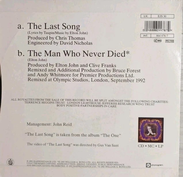 Elton John The Last Song Vinyl Record 7" VG+/VG+ EJS 30 1992 sleeve Elton John The Last Song Vinyl Record 7" VG+/VG+ EJS 30 1992 sleeve