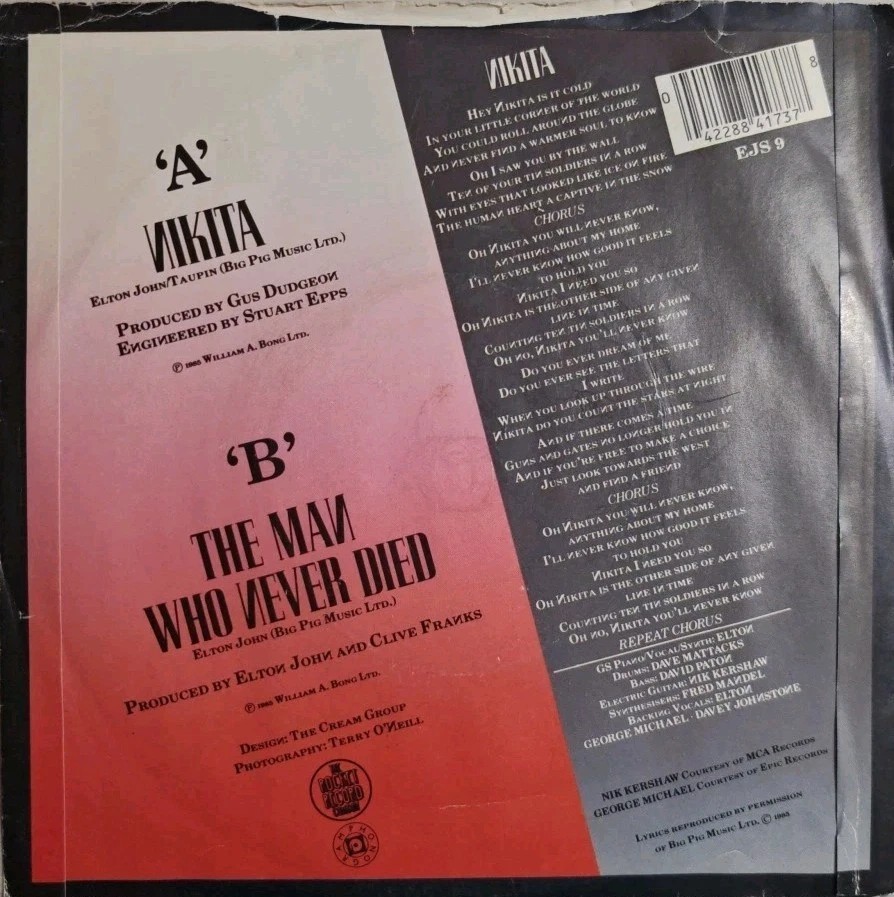 Elton John Nikita / The Man Who Never Died Vinyl Record 7" VG/G+ EJS9 1985 sleeve Elton John Nikita / The Man Who Never Died Vinyl Record 7" VG/G+ EJS9 1985 sleeve