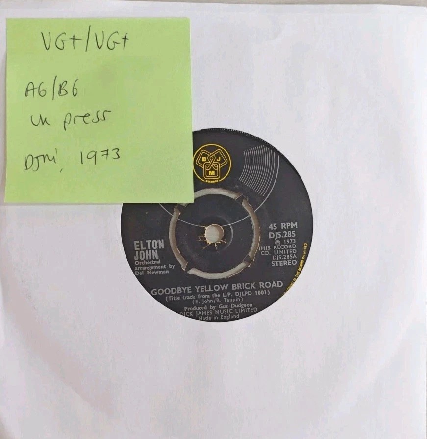 Elton John Goodbye Yellow Brick Road Vinyl Record 7" VG+/VG+ DJS 285 1973 sleeve Elton John Goodbye Yellow Brick Road Vinyl Record 7" VG+/VG+ DJS 285 1973 sleeve