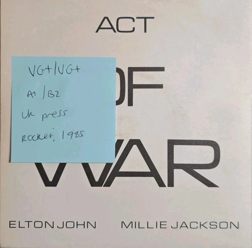 Elton John & Millie Jackson Act Of War Vinyl Record 7" VG+/VG+ EJS 8 1985 sleeve Elton John & Millie Jackson Act Of War Vinyl Record 7" VG+/VG+ EJS 8 1985 sleeve