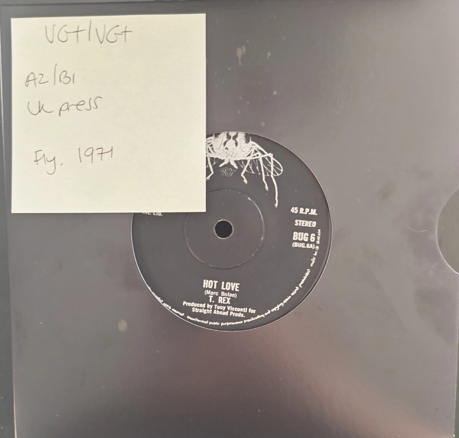 T. Rex Hot Love Vinyl Record 7" VG+/VG+ BUG 6 1971 sleeve T. Rex Hot Love Vinyl Record 7" VG+/VG+ BUG 6 1971 sleeve