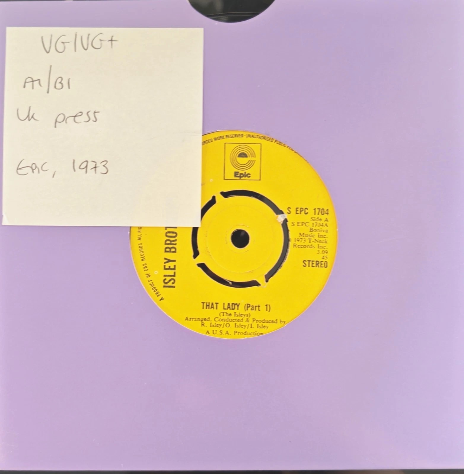The Isley Brothers That Lady Vinyl Record 7" VG/VG+ EPC1704 1973 sleeve The Isley Brothers That Lady Vinyl Record 7" VG/VG+ EPC1704 1973 sleeve