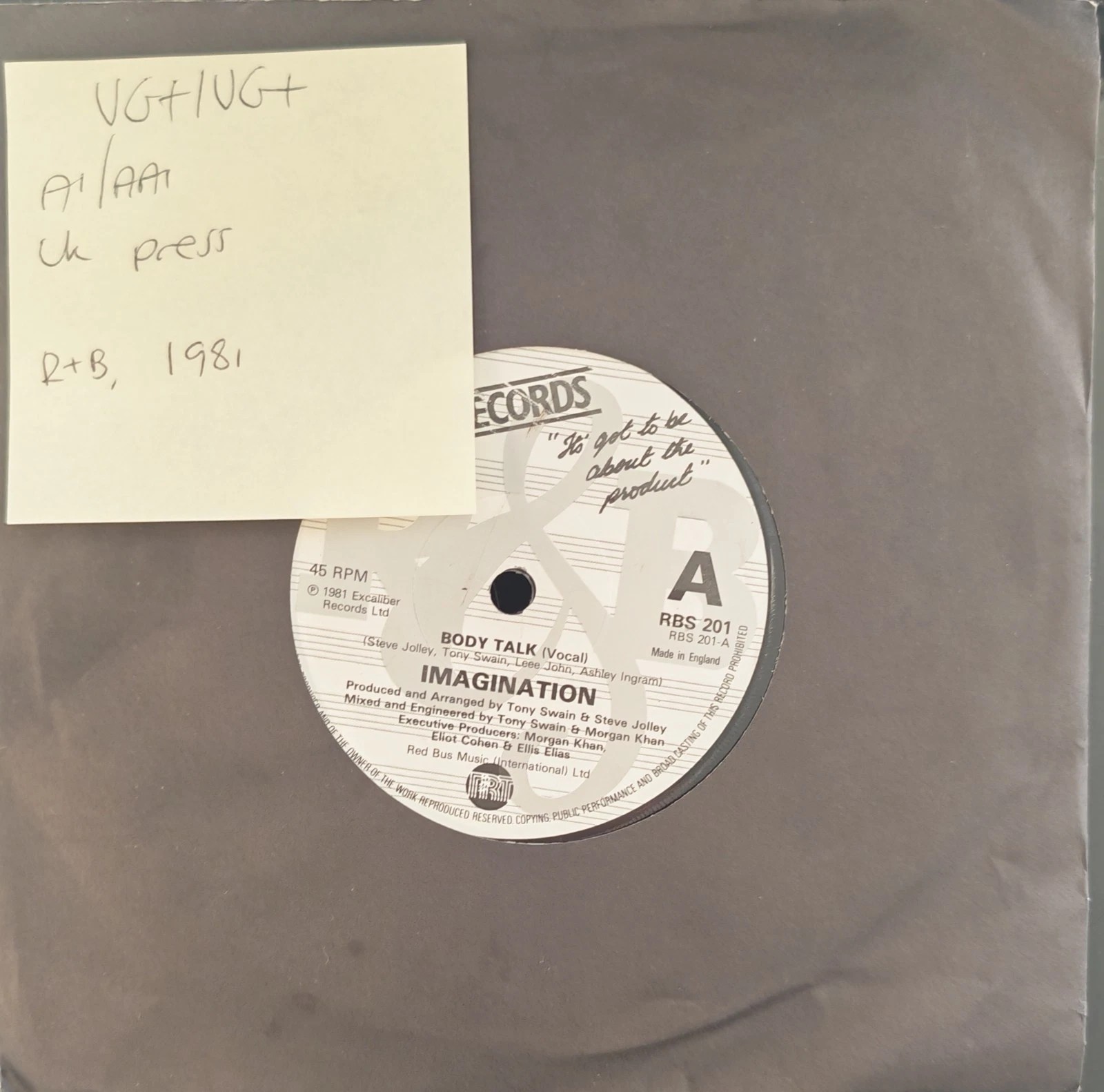 Body Talk Imagination Vinyl Record 7" VG+/VG+ RBS 201 1981 sleeve Body Talk Imagination Vinyl Record 7" VG+/VG+ RBS 201 1981 sleeve