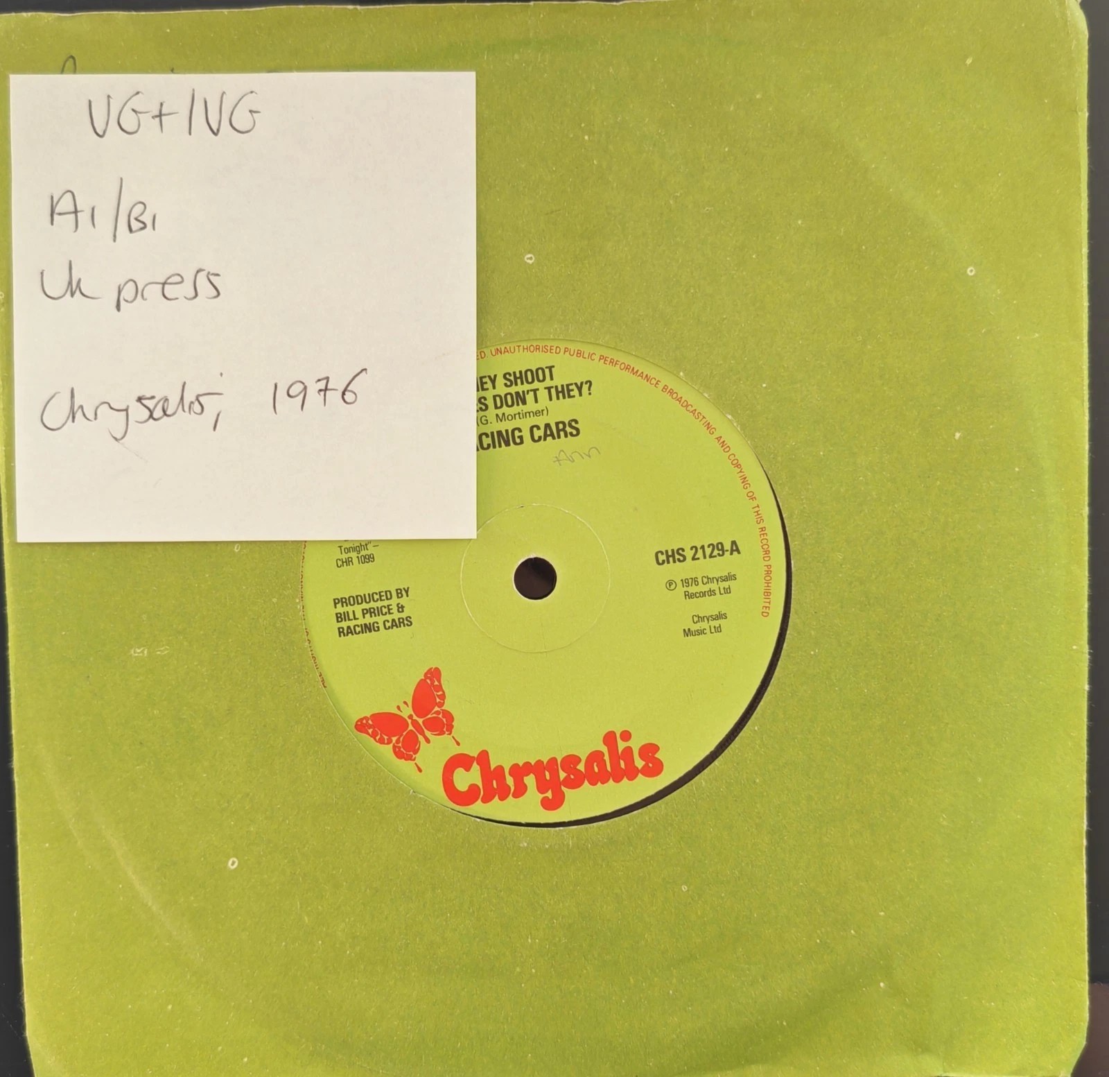 Racing Cars They Shoot Horses Don't They Vinyl Record 7" VG+/VG CHS2129 1977 sleeve Racing Cars They Shoot Horses Don't They Vinyl Record 7" VG+/VG CHS2129 1977 sleeve