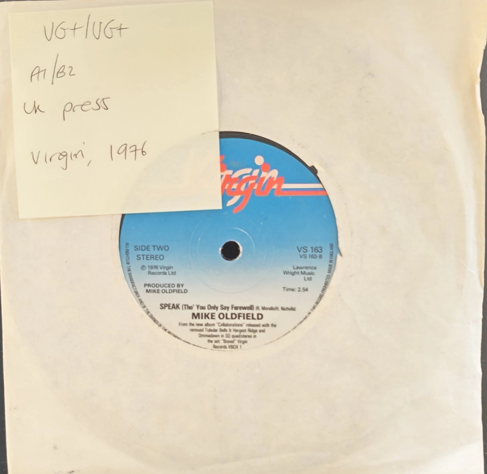 Mike Oldfield Portsmouth Vinyl Record 7" VG+/VG+ VS163 1976 sleeve Mike Oldfield Portsmouth Vinyl Record 7" VG+/VG+ VS163 1976 sleeve