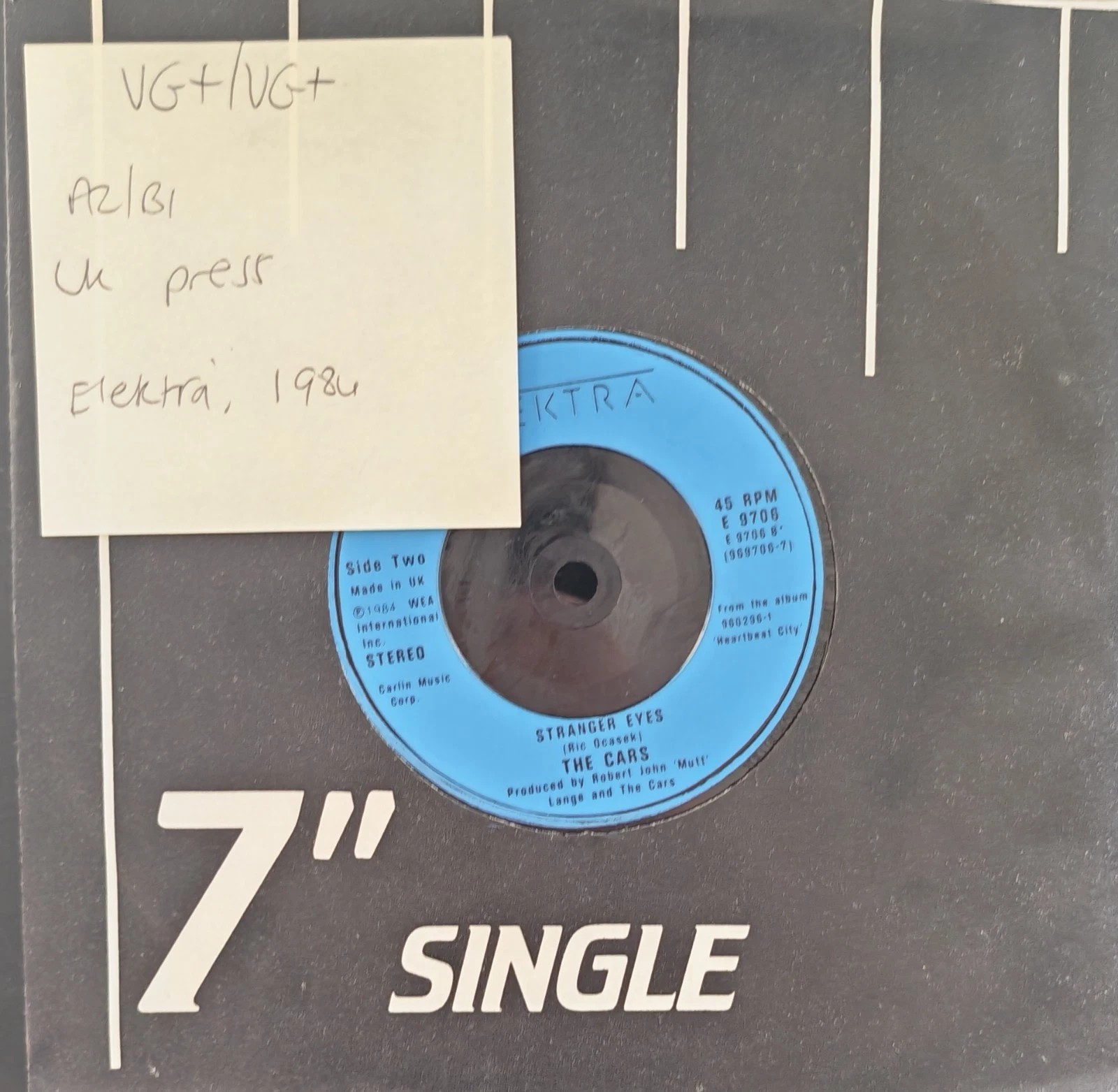 The Cars Drive Vinyl Record 7" VG+/VG+ E9706 1984 sleeve The Cars Drive Vinyl Record 7" VG+/VG+ E9706 1984 sleeve