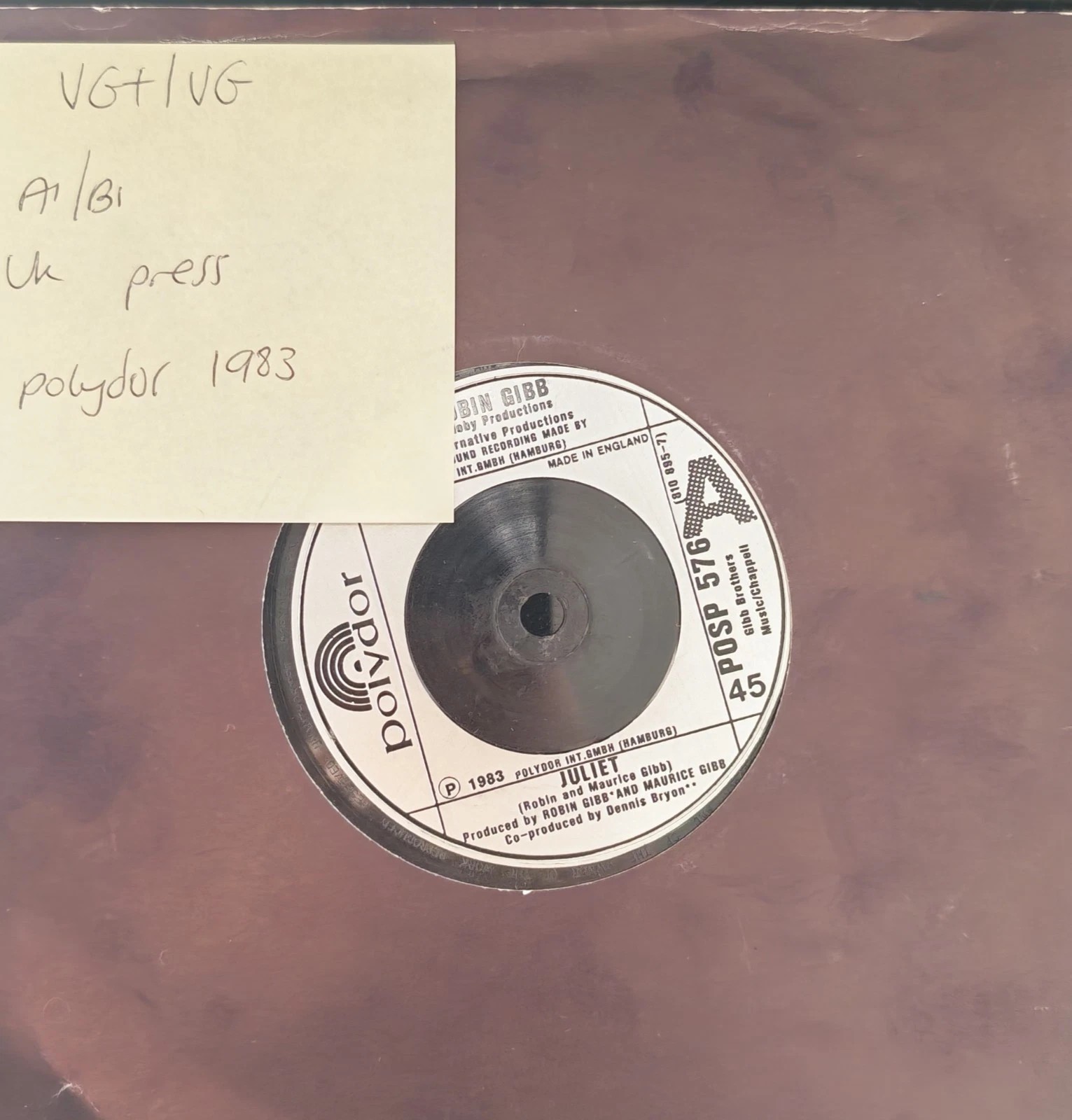 Robin Gibb Juliet Vinyl Record 7" VG+/VG POSP576 1983 sleeve Robin Gibb Juliet Vinyl Record 7" VG+/VG POSP576 1983 sleeve