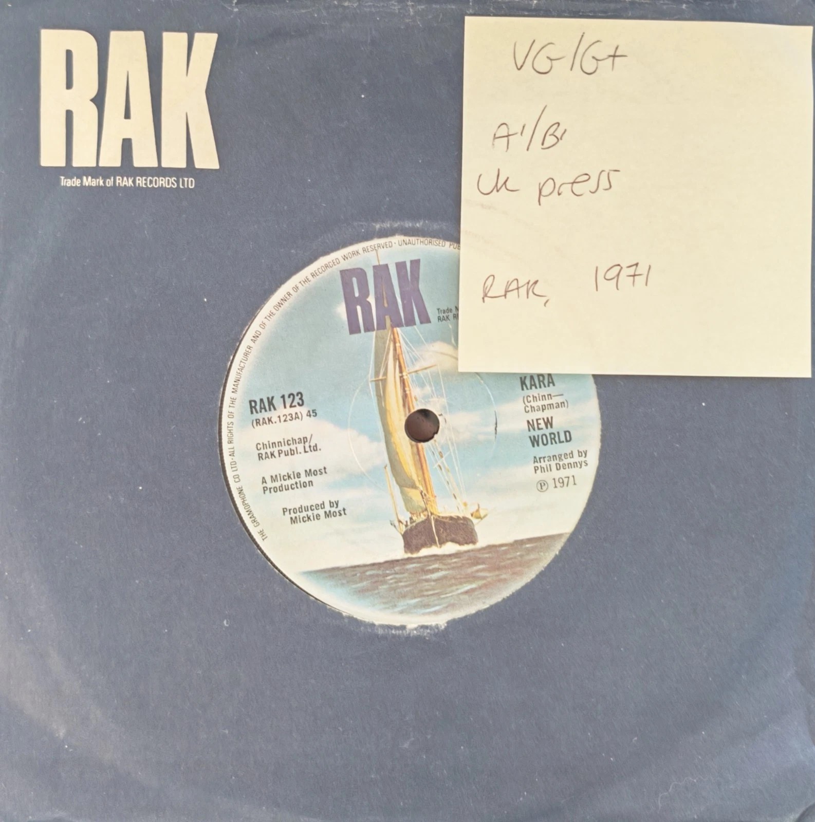 New World Kara Kara Vinyl Record 7" VG/G+ RAK 123 1971 sleeve New World Kara Kara Vinyl Record 7" VG/G+ RAK 123 1971 sleeve