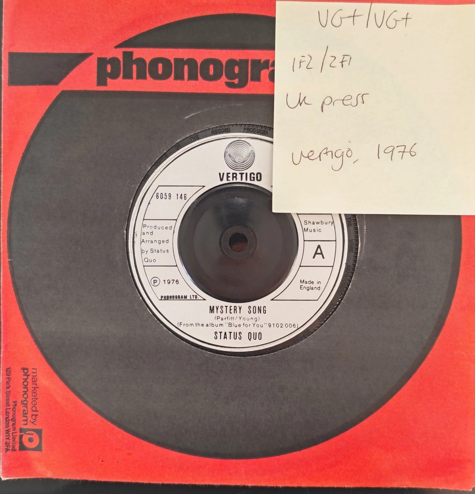 Status Quo Mystery Song / Drifting Away Vinyl Record 7" VG+/VG+ 6059146 1976 sleeve Status Quo Mystery Song / Drifting Away Vinyl Record 7" VG+/VG+ 6059146 1976 sleeve