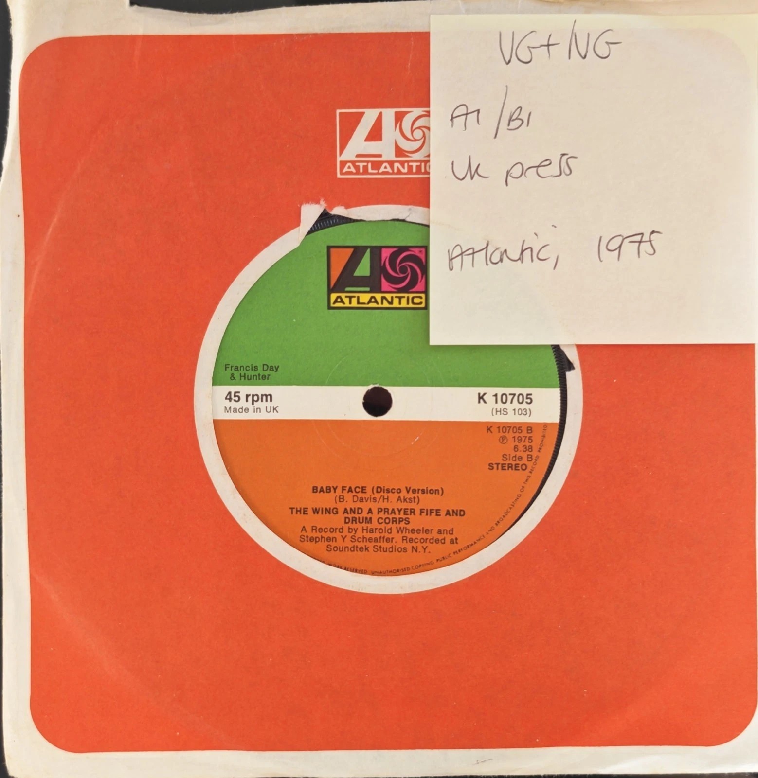 Wing And A Prayer Baby Face Vinyl Record 7" VG+/VG K10705 1975 sleeve Wing And A Prayer Baby Face Vinyl Record 7" VG+/VG K10705 1975 sleeve