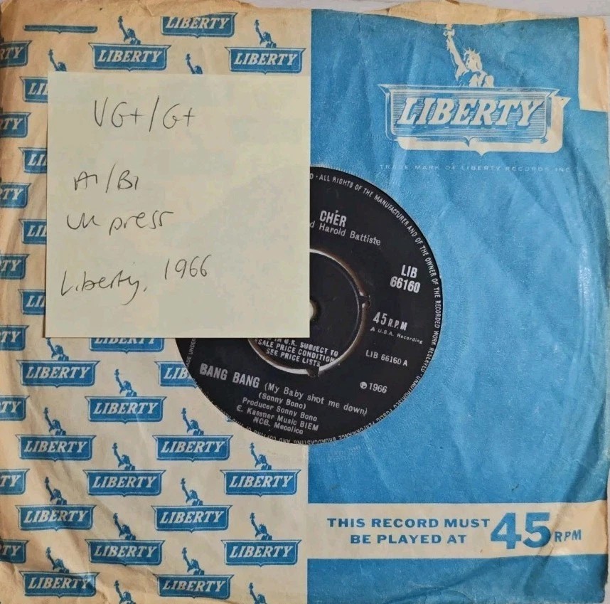 Cher Bang Bang (My Baby Shot Me Down) Vinyl Record 7" VG+/G+ LIB66160 1966 sleeve Cher Bang Bang (My Baby Shot Me Down) Vinyl Record 7" VG+/G+ LIB66160 1966 sleeve