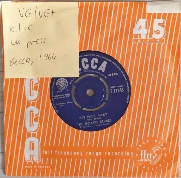 The Rolling Stones Not Fade Away Vinyl Record 7" VG/VG+ F.11845 1964 sleeve The Rolling Stones Not Fade Away Vinyl Record 7" VG/VG+ F.11845 1964 sleeve