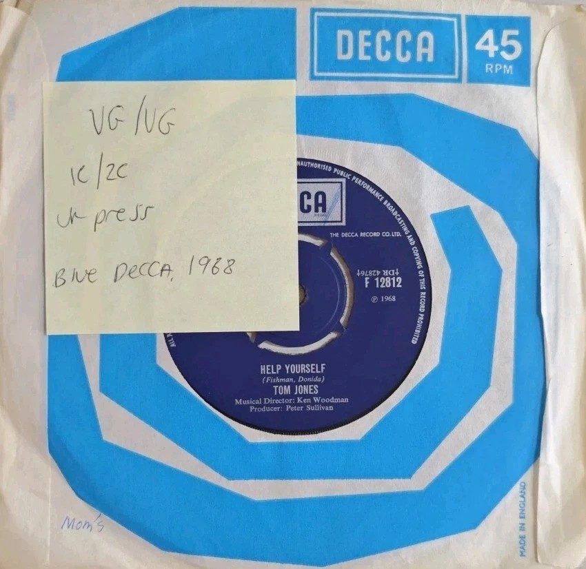 Tom Jones Help Yourself Vinyl Record 7" VG/VG F.12812 1968 sleeve Tom Jones Help Yourself Vinyl Record 7" VG/VG F.12812 1968 sleeve
