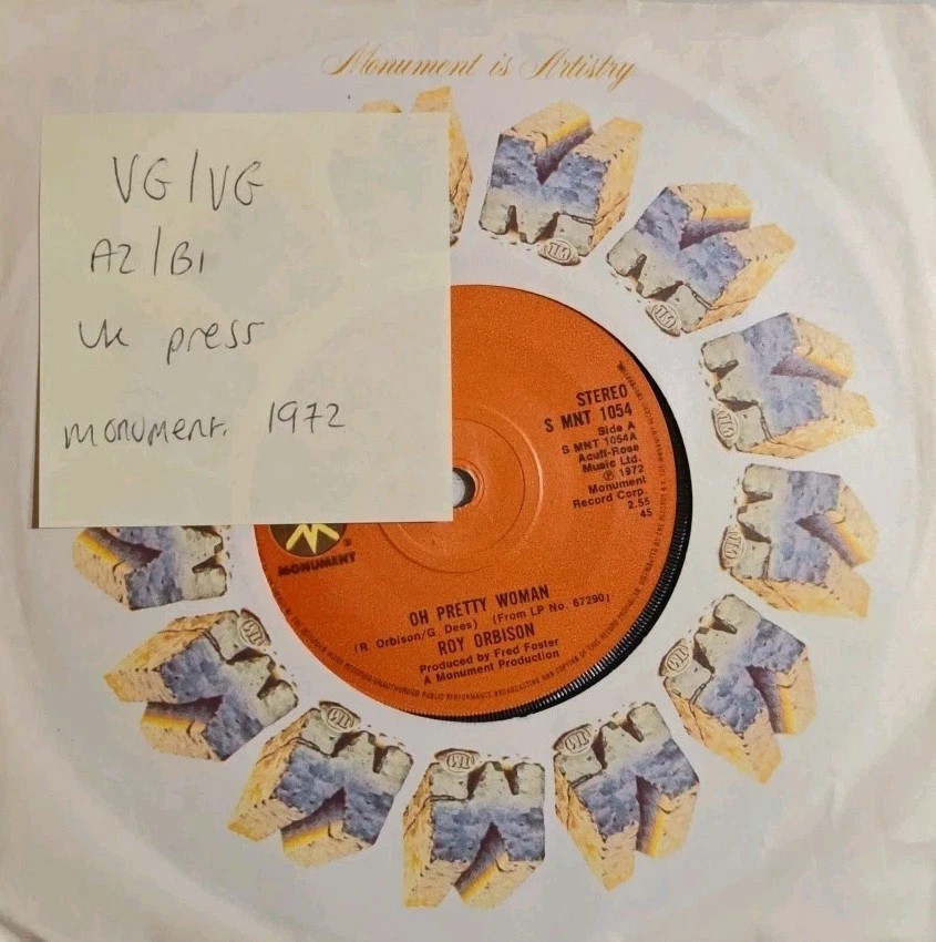 Roy Orbison Oh Pretty Woman Vinyl Record 7" VG/VG MNT1054 1972 sleeve Roy Orbison Oh Pretty Woman Vinyl Record 7" VG/VG MNT1054 1972 sleeve