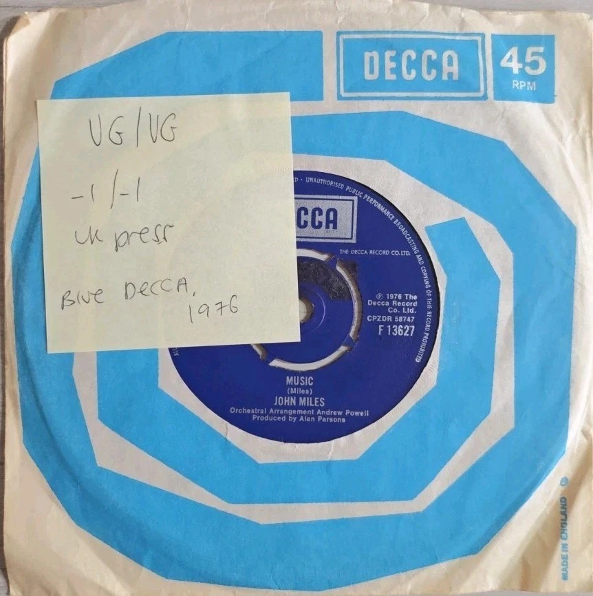 John Miles Music Vinyl Record 7" VG/VG F13627 1976 sleeve John Miles Music Vinyl Record 7" VG/VG F13627 1976 sleeve