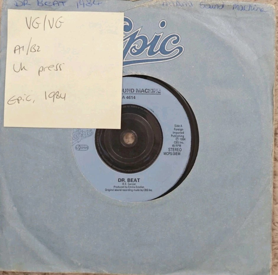 Miami Sound Machine Dr Beat Vinyl Record 7" VG/VG A 4614 1984 sleeve Miami Sound Machine Dr Beat Vinyl Record 7" VG/VG A 4614 1984 sleeve