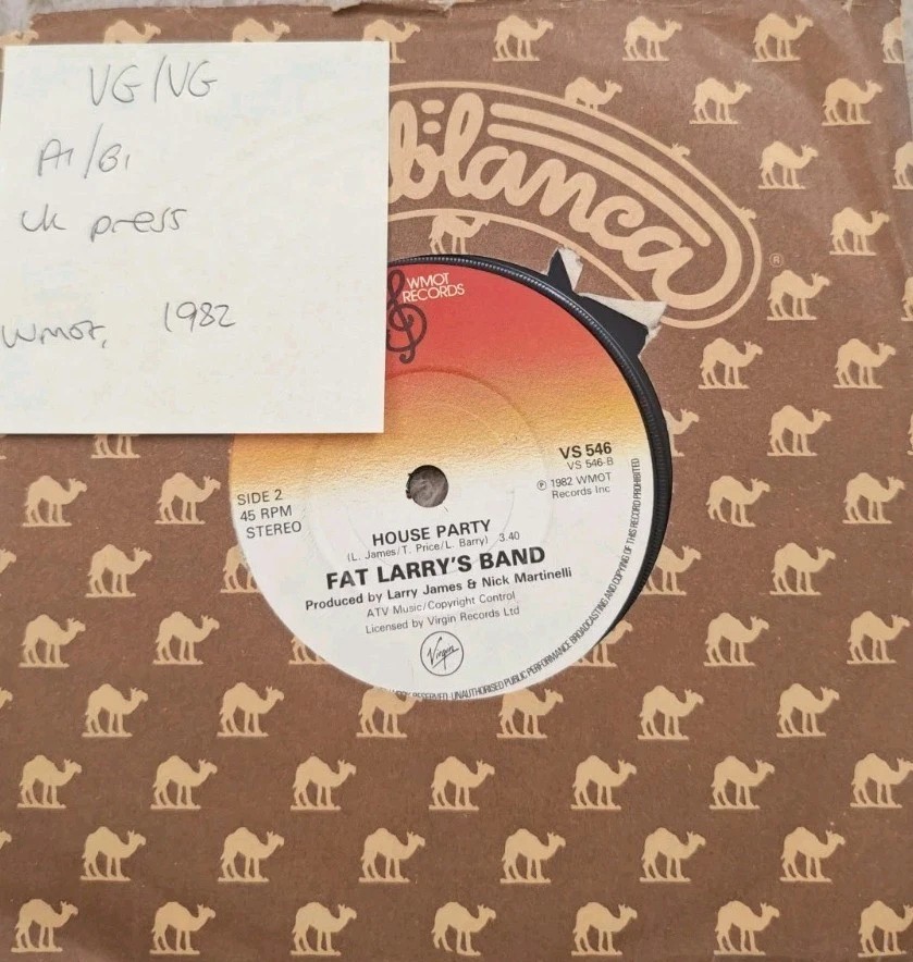 Fat Larry's Band Zoom / House Party Vinyl Record 7" VG/VG VS546 1982 sleeve Fat Larry's Band Zoom / House Party Vinyl Record 7" VG/VG VS546 1982 sleeve