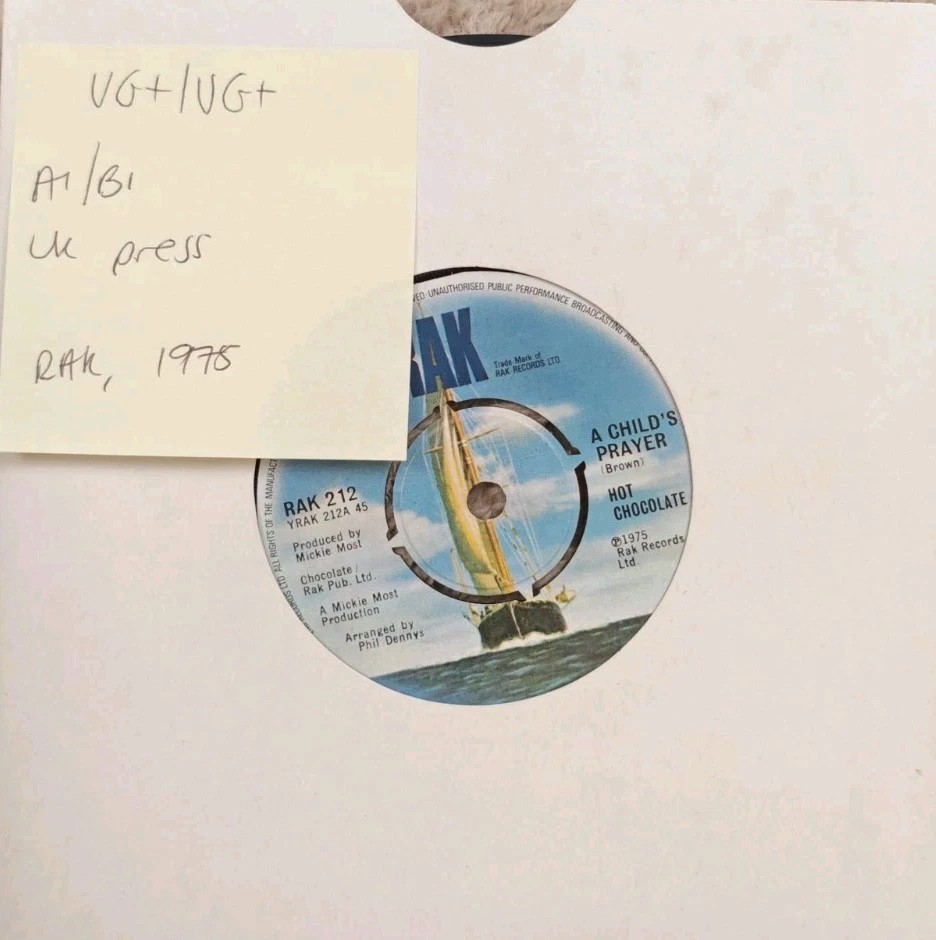 Hot Chocolate A Child's Prayer Vinyl Record 7" VG+/VG+ RAK 212 1975 sleeve Hot Chocolate A Child's Prayer Vinyl Record 7" VG+/VG+ RAK 212 1975 sleeve