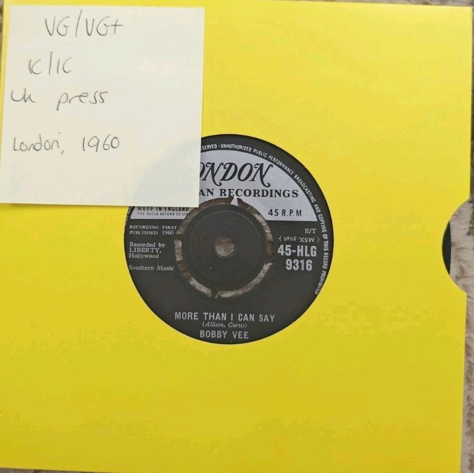 Bobby Vee More Than I Can Say Vinyl Record 7" VG/VG+ 45-HLG9316 1960 sleeve Bobby Vee More Than I Can Say Vinyl Record 7" VG/VG+ 45-HLG9316 1960 sleeve