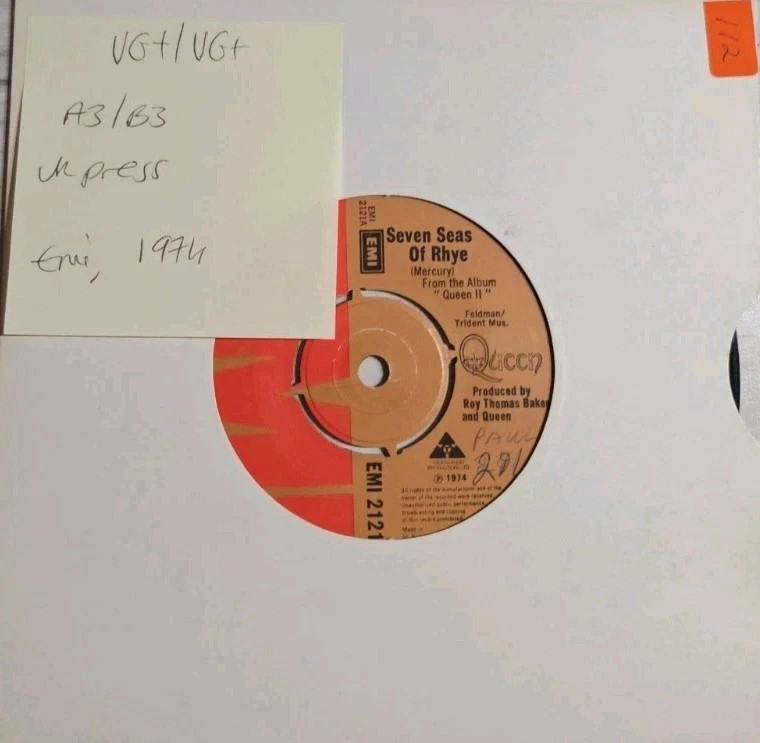 Queen Seven Seas of Rhye Vinyl Record 7" VG+/VG+ EMI2121 1974 sleeve Queen Seven Seas of Rhye Vinyl Record 7" VG+/VG+ EMI2121 1974 sleeve