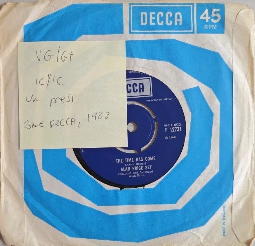 Alan Price Set The Time Has Come Vinyl Record 7" VG/G+ F 12731 1968 sleeve Alan Price Set The Time Has Come Vinyl Record 7" VG/G+ F 12731 1968 sleeve